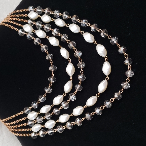 Five Strand Faux Pearl and Clear Crystal Gray Beaded Necklace Set - Picture 5 of 8